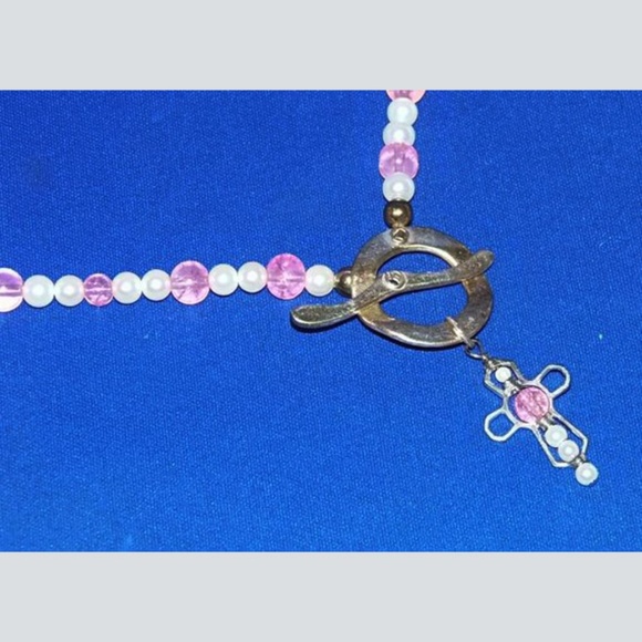 Hand beaded Pink Crystal Lariat Cross Necklace - Picture 2 of 4